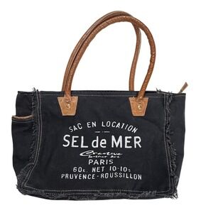 Creative Leather Art Sel de Mer Paris Black Canvas Fringe Tote Bag Zip Top
